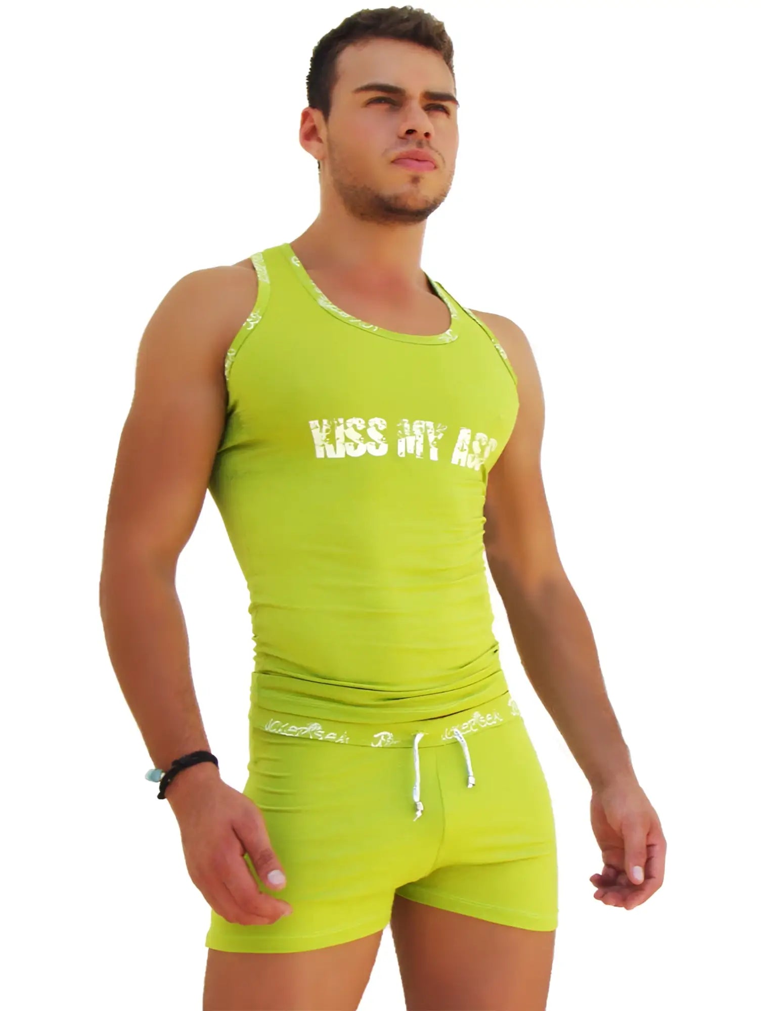 Bright lime green icker sea logo trim tank top with white kiss my ass text across the chest