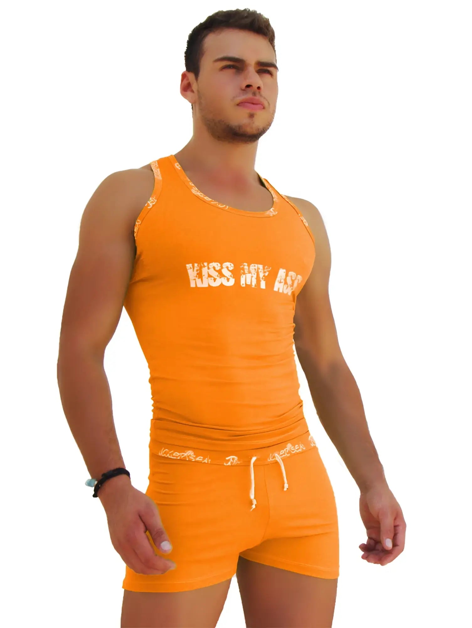 Orange icker sea logo trim kiss my ass tank top t shirt with white lettering and trim in breathable fabric