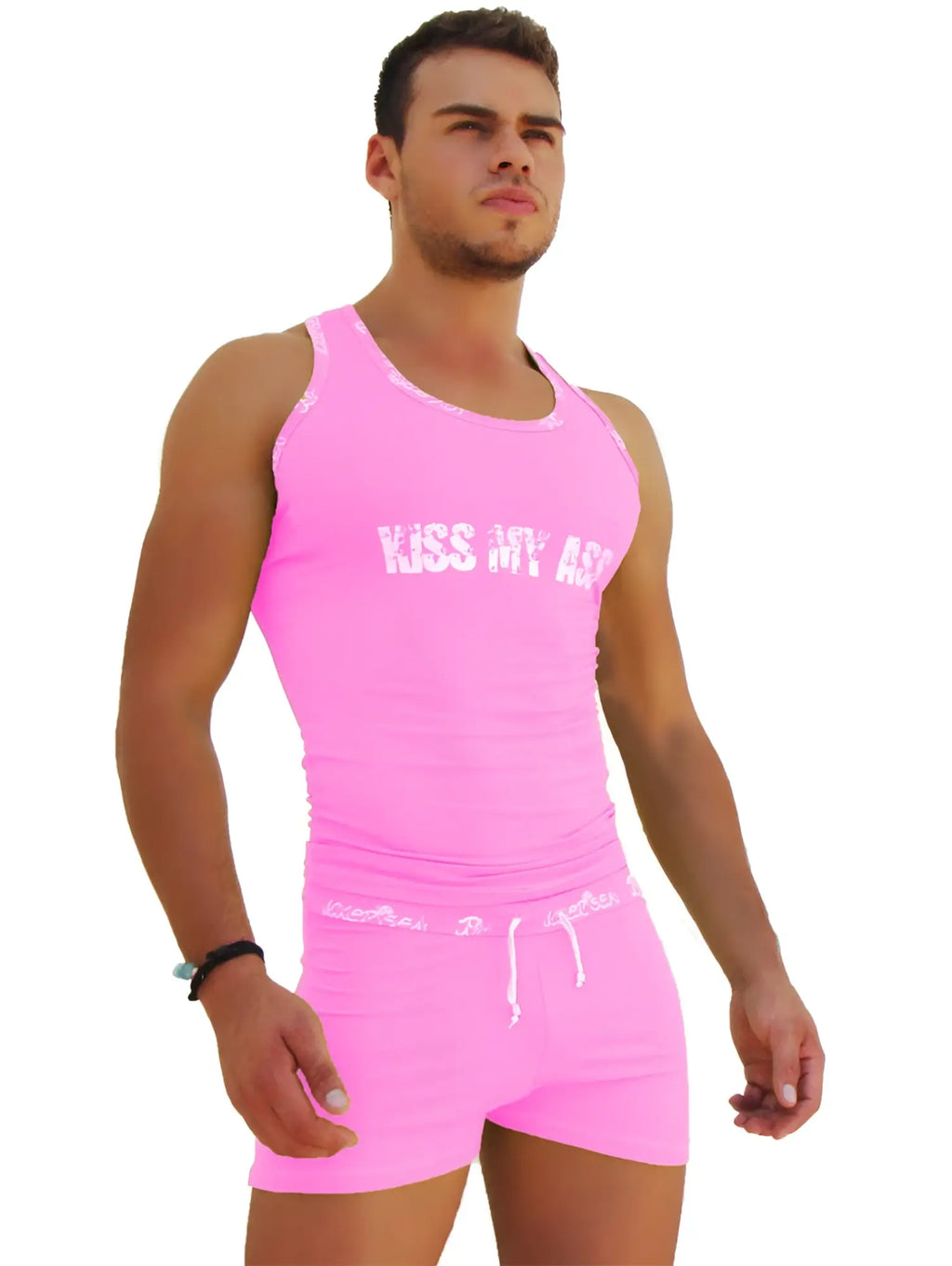 Pink icker sea athletic tank top with white kiss my ass text trim perfect for casual wear