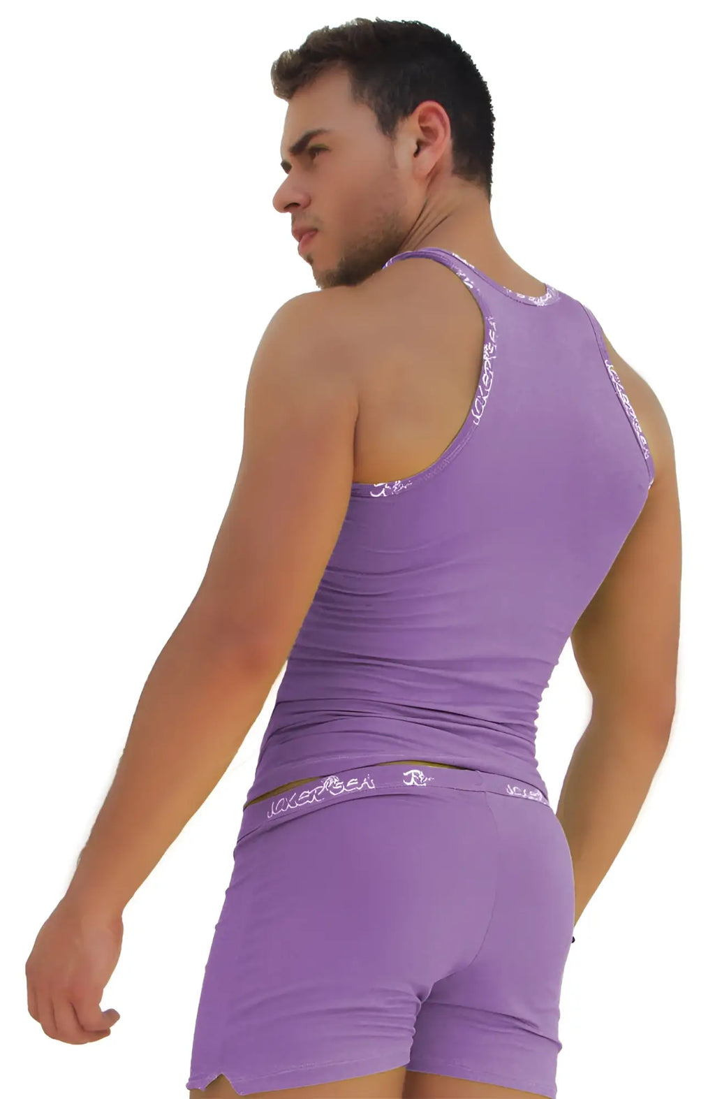 Purple sleeveless tank top with white logo trim along shoulder straps and waistband from icker sea collection