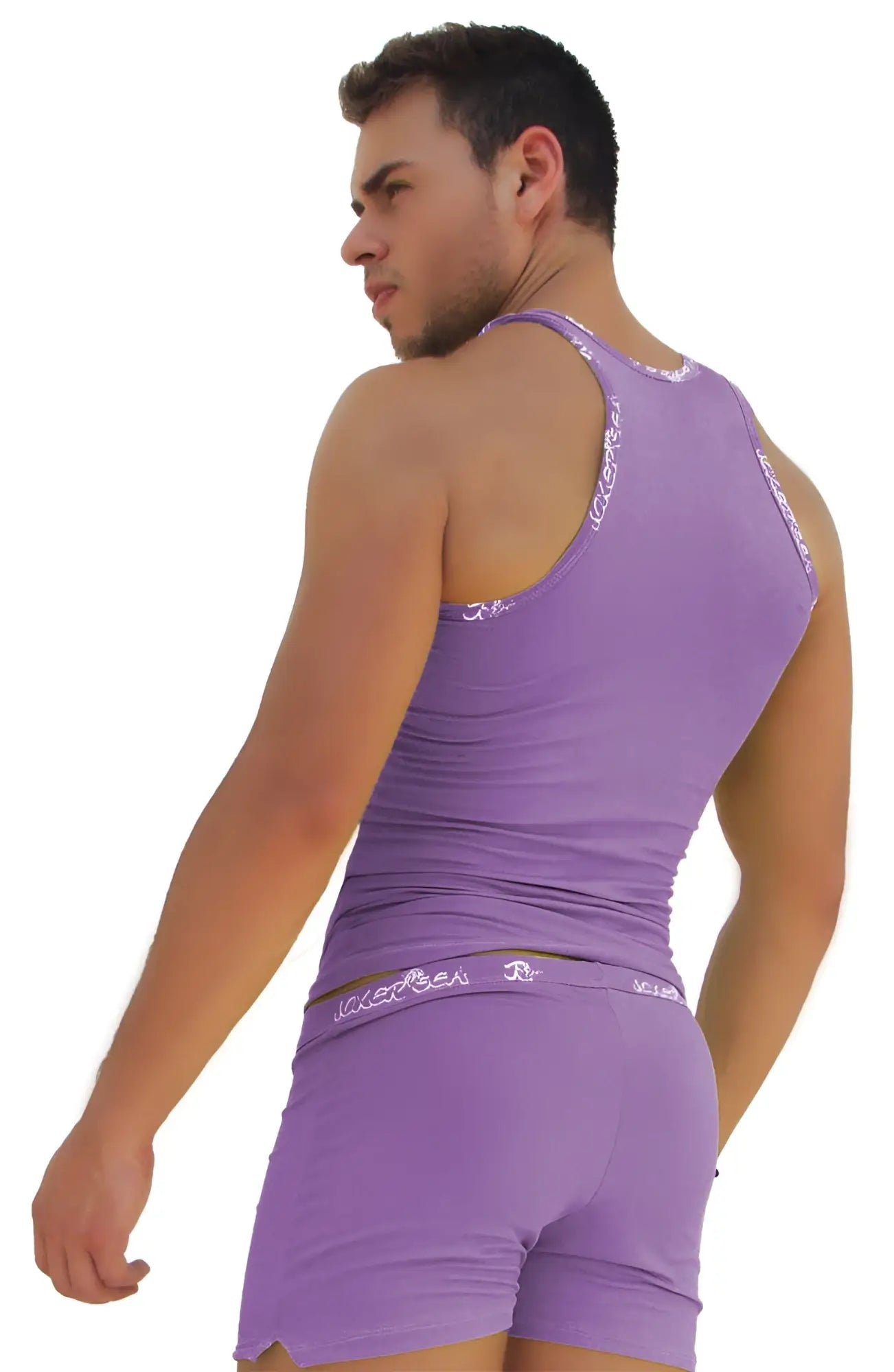 Purple sleeveless tank top with white logo trim along shoulder straps and waistband from icker sea collection