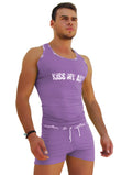 Purple sleeveless Icker Sea tank top with kiss my ass text and matching purple drawstring shorts set