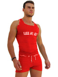 Red icker sea logo trim kiss my ass tank top with white lettering and matching red drawstring shorts set