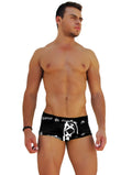 Black icker sea boxer brief underwear featuring white skull and crossbones design with logo trim waistband