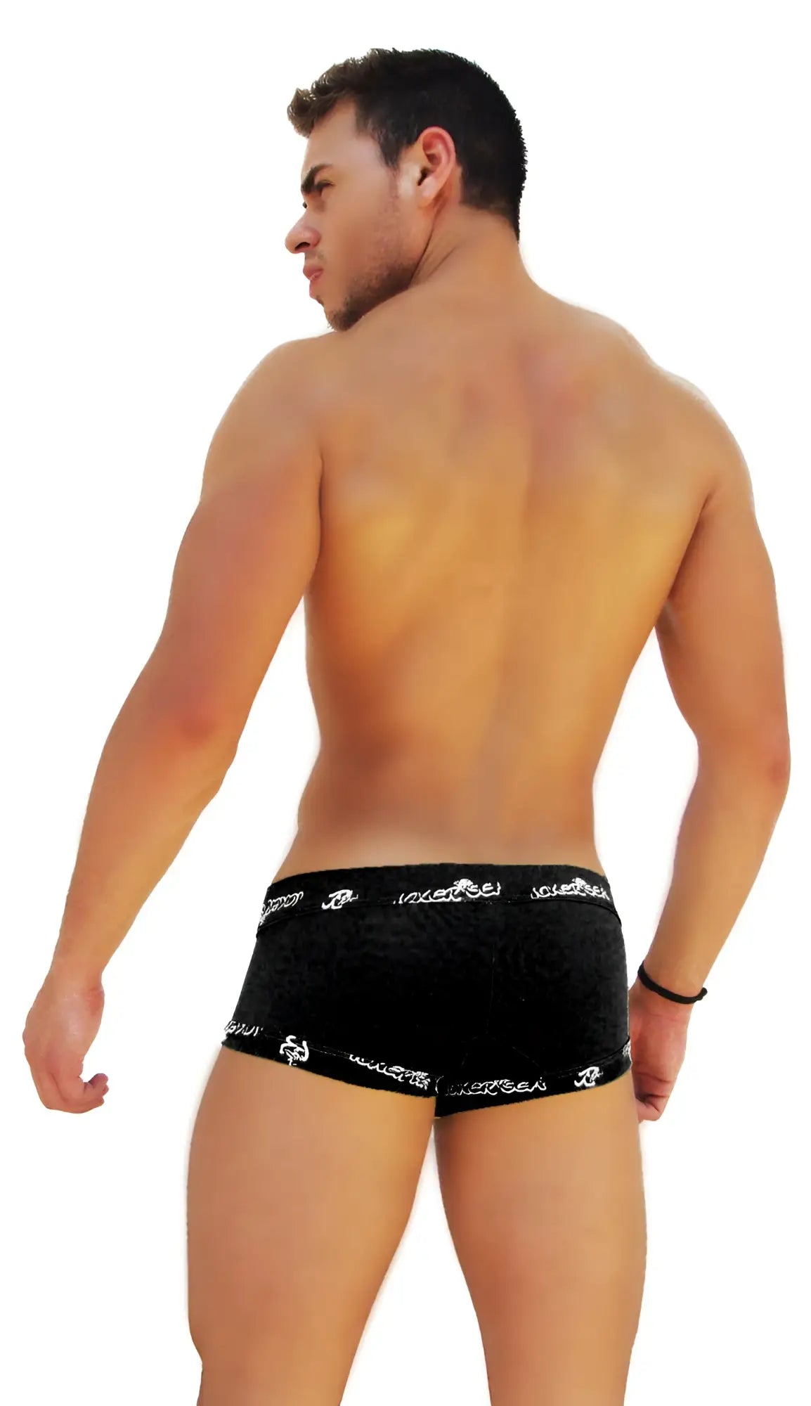 Black velvet boxer brief underwear with white icker sea logo trim and lace front in black color