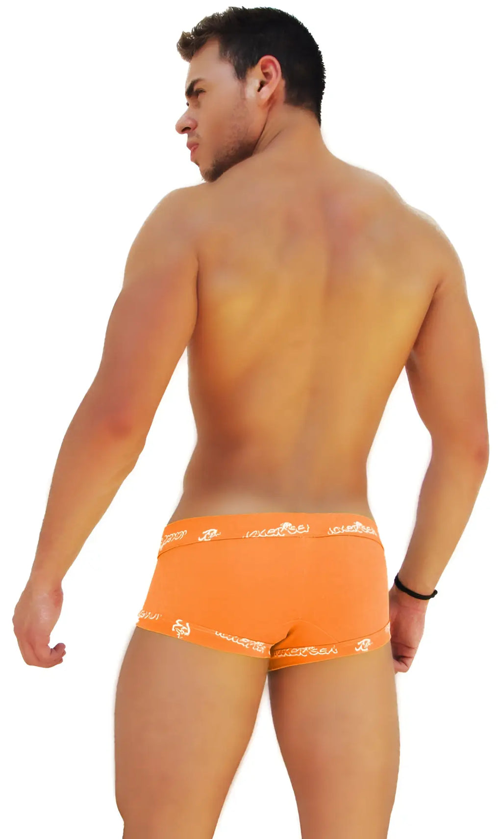 Orange boxer brief underwear with white logo trim and lace front by icker sea in bright orange color