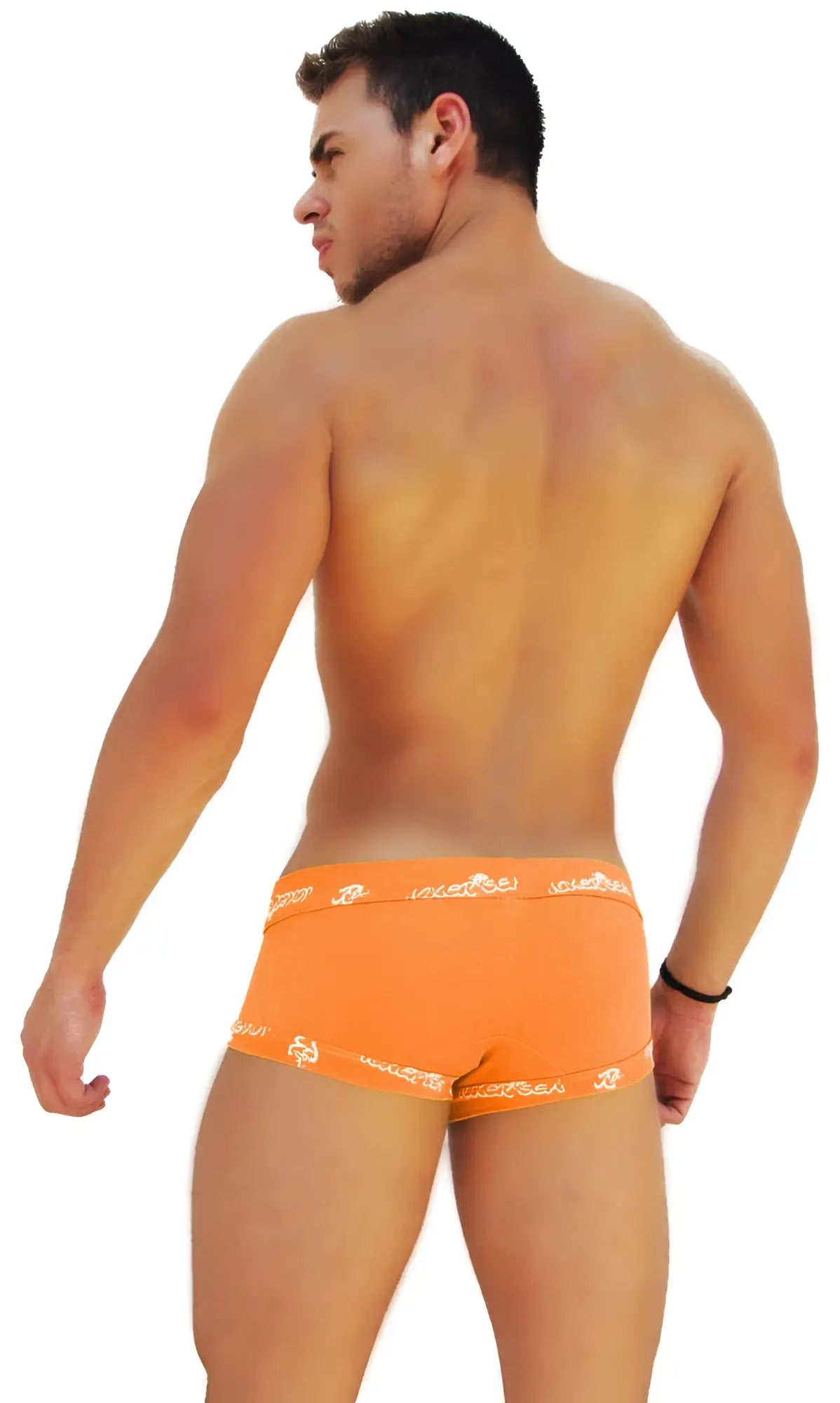 Orange boxer brief underwear with white logo trim and lace front by icker sea in bright orange color