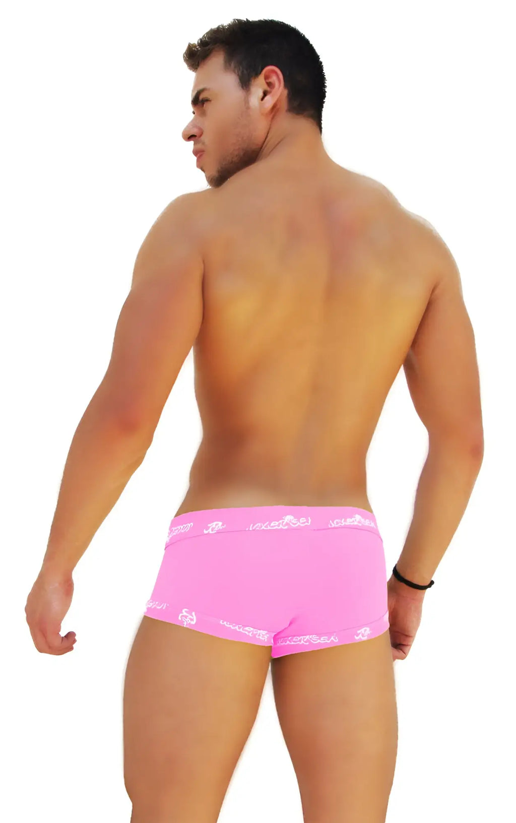 Icker sea bright pink lace front boxer brief underwear with white logo trim waistband in pink material