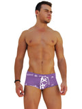 Purple mens briefs with white lace-up design and repeating icker sea logo pattern for comfortable daily wear