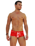 Red Icker Sea logo trim lace front boxer brief underwear featuring a white lace-up design and repeating logo pattern