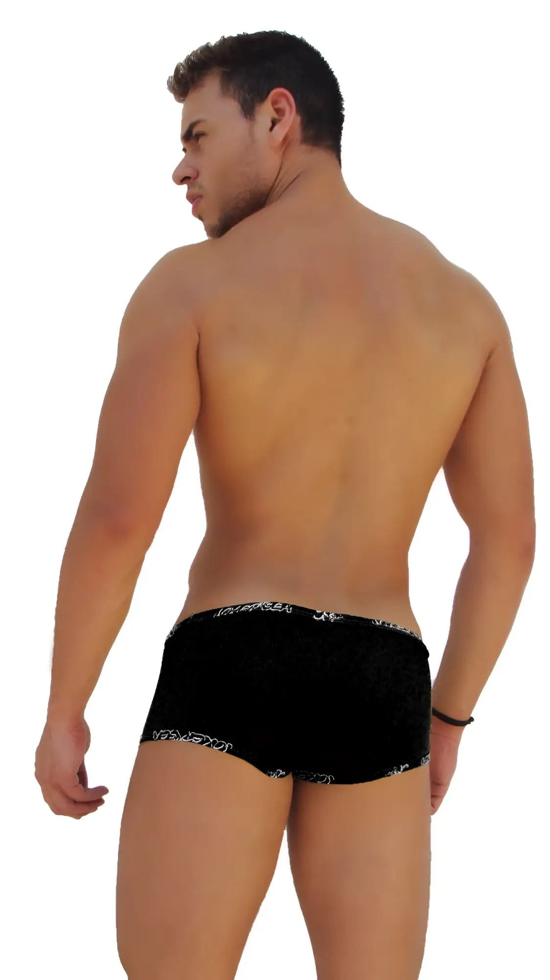 Icker Sea logo trim low boxer brief underwear in black textured fabric with white paisley waistband and leg openings