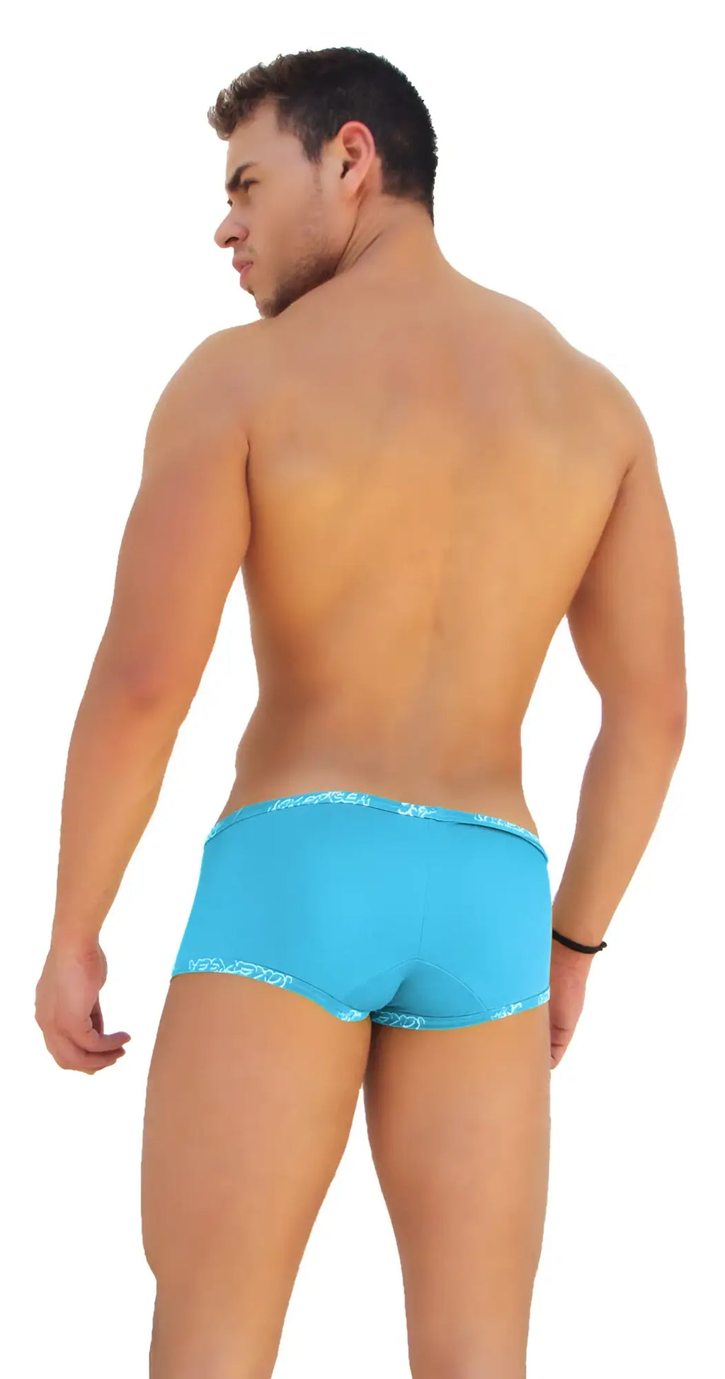 Icker sea logo trim low boxer brief underwear in bright turquoise with subtle white trim on waistband and leg openings