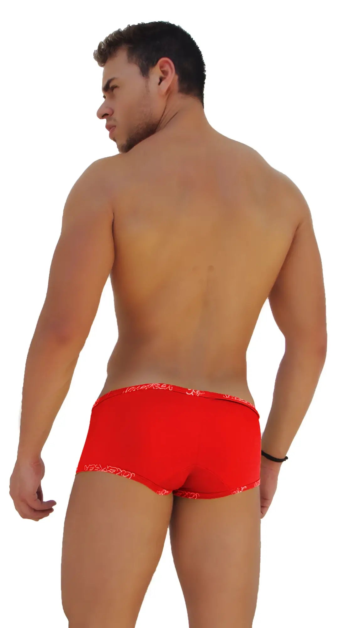 Icker Sea logo trim low boxer brief underwear in red with subtle pattern along waistband and leg openings