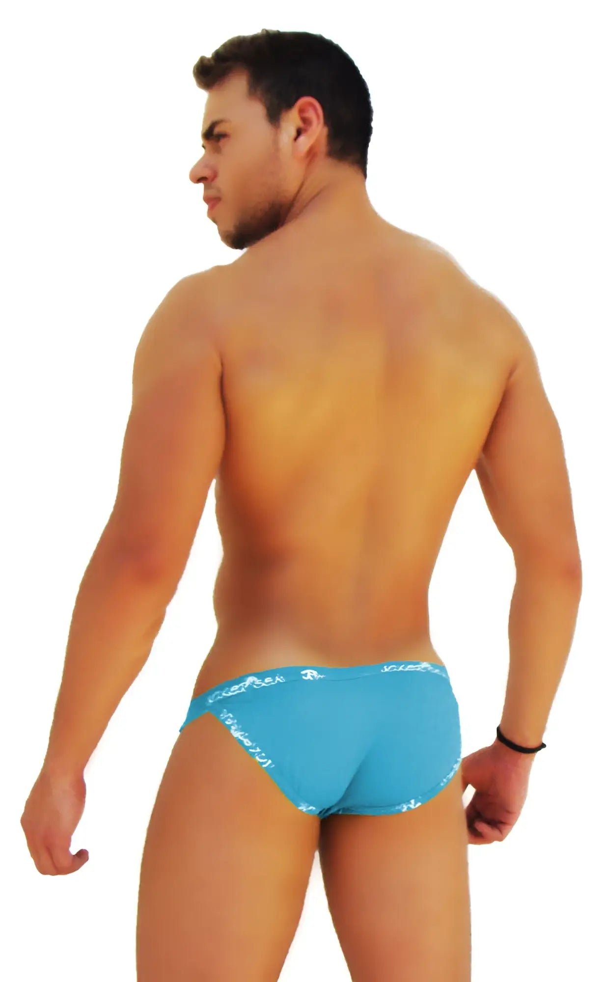 Bright blue icker sea microslip bikini underwear with white logo pattern trim along the waistband