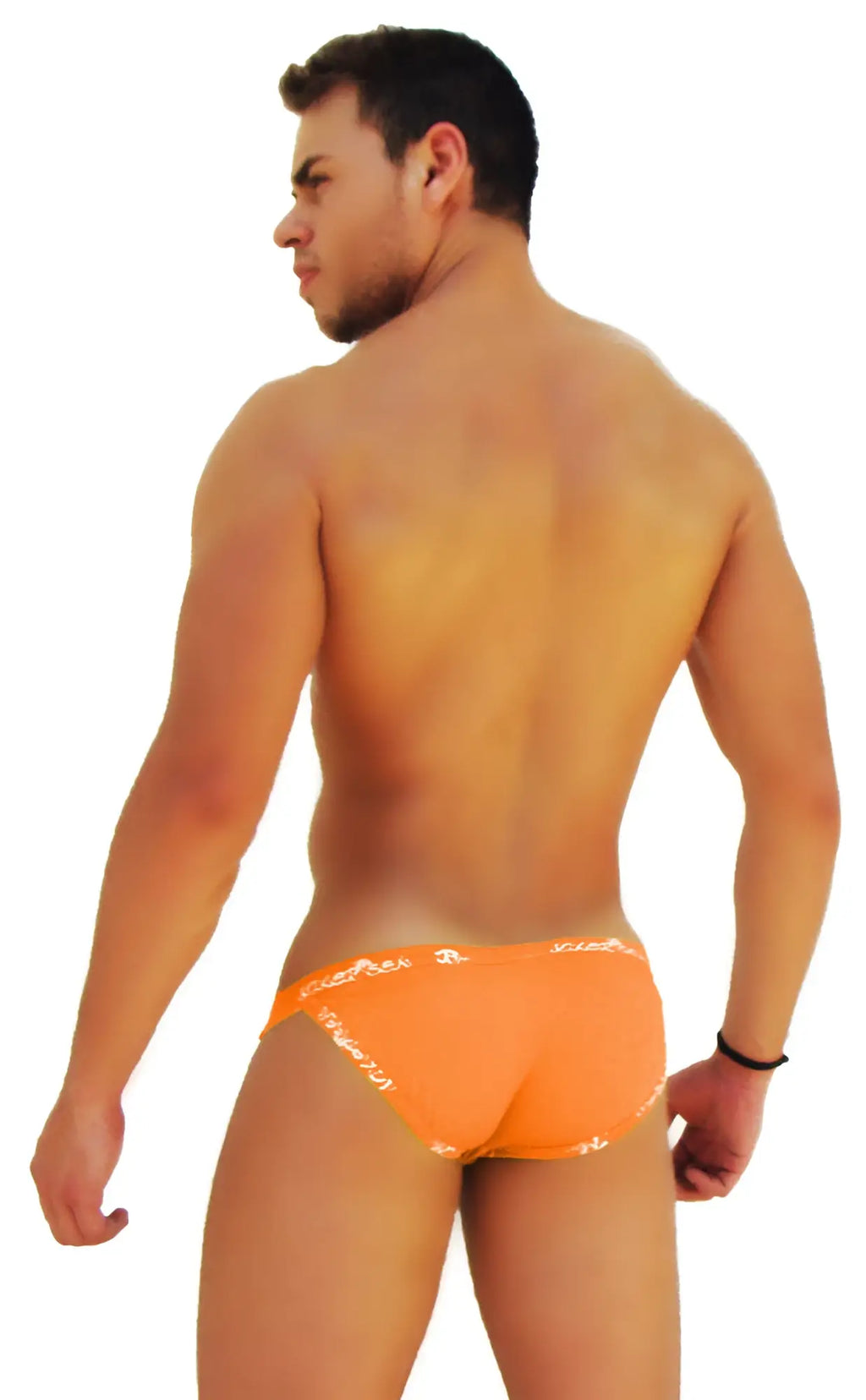 Bright orange icker sea microslip bikini underwear with white logo pattern along waistband for comfortable fit