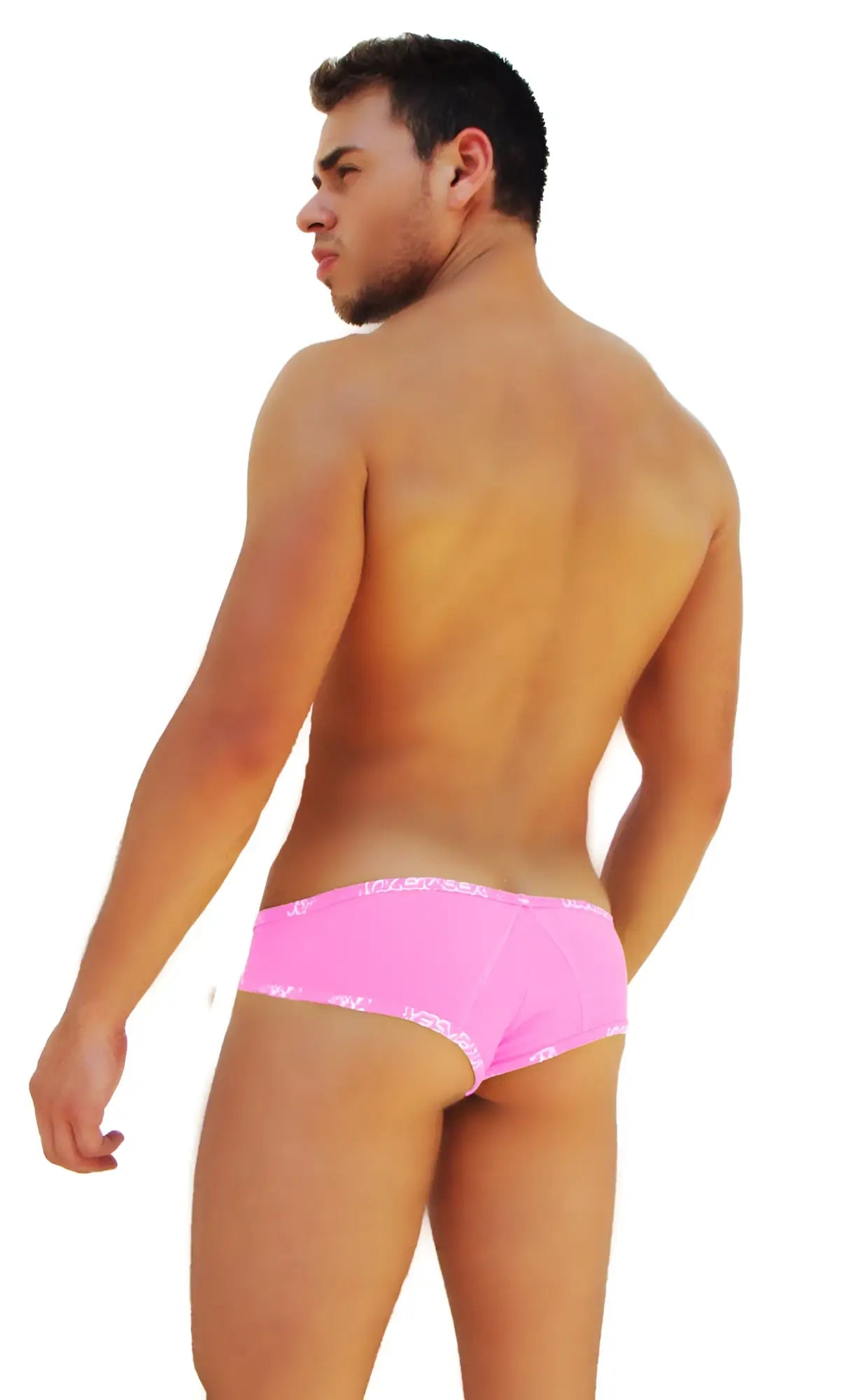 Bright pink icker sea logo trim mini bikini briefs with white patterned trim for comfortable everyday wear