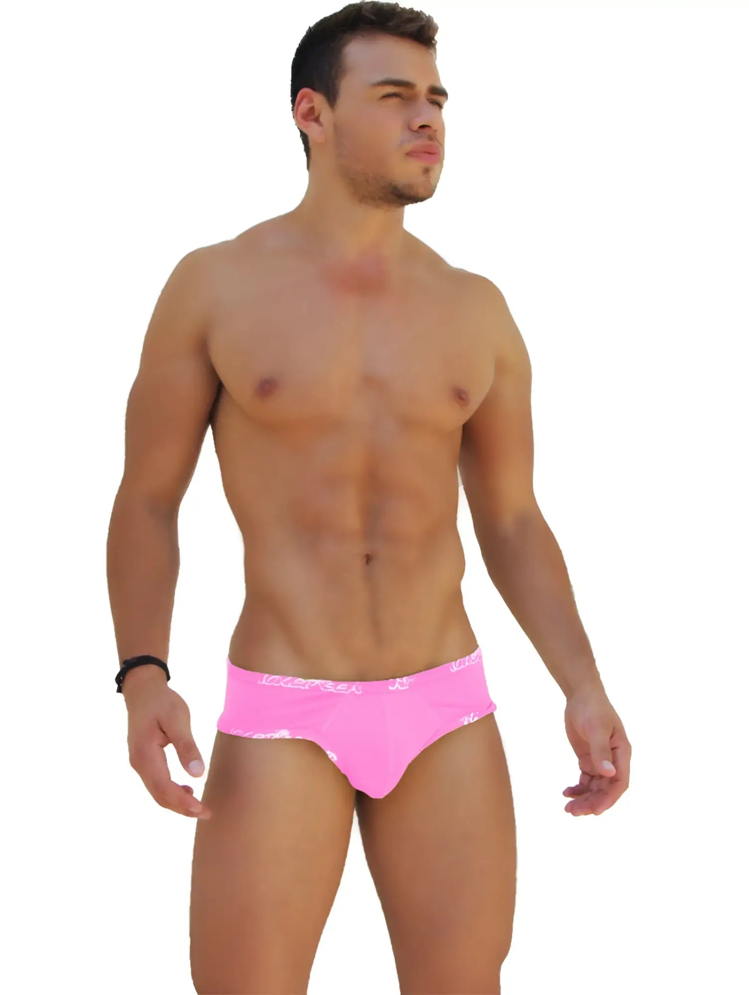 Bright pink icker sea logo trim mini bikini underwear briefs with white logo on the waistband front view