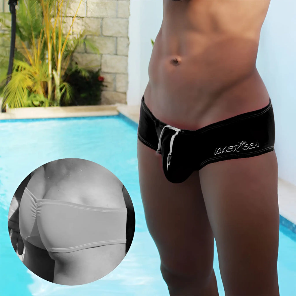 Black icker sea low rise scrunched back cheeky mini square cut swim trunks with white drawstring and laker sen embroidery