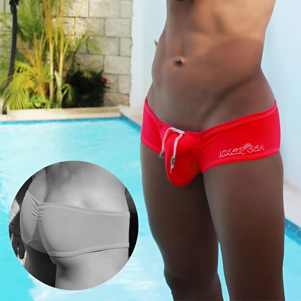 Icker sea low rise scrunched back cheeky mini square cut swim trunks in bright red with white drawstring and logo