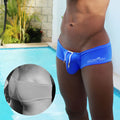 Bright blue icker sea low rise scrunched back cheeky mini square cut trunk swimwear with white drawstring and branding