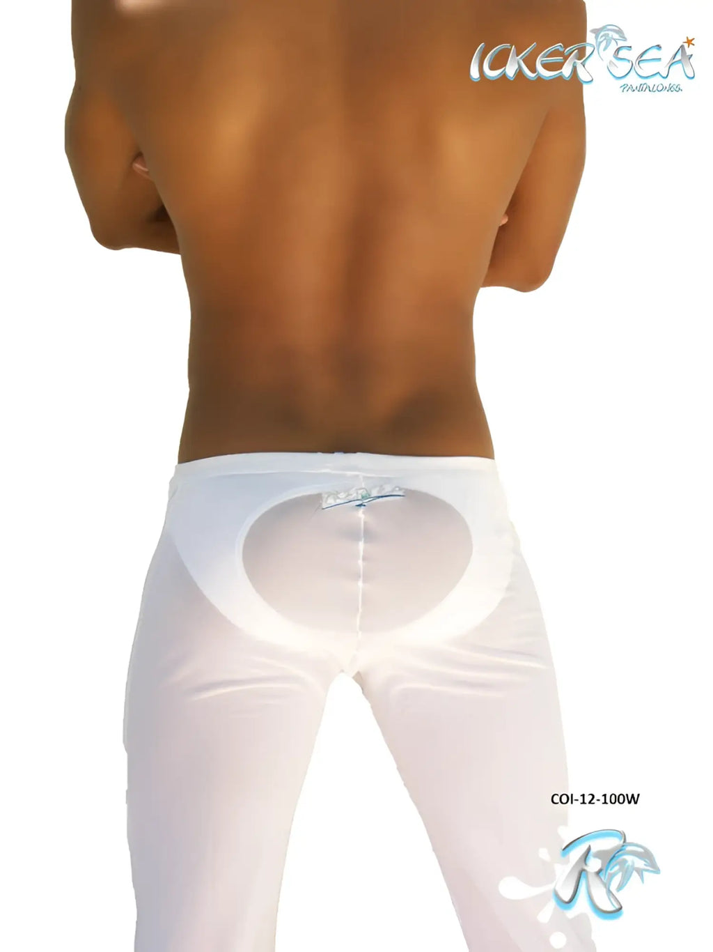 White satin-like icker sea mesh beach pants with a sheer oval back panel and subtle waistband branding shown from back