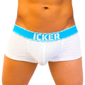 White mesh icker sea mesh contrast boxer briefs with bright blue waistband and bold white icker branding