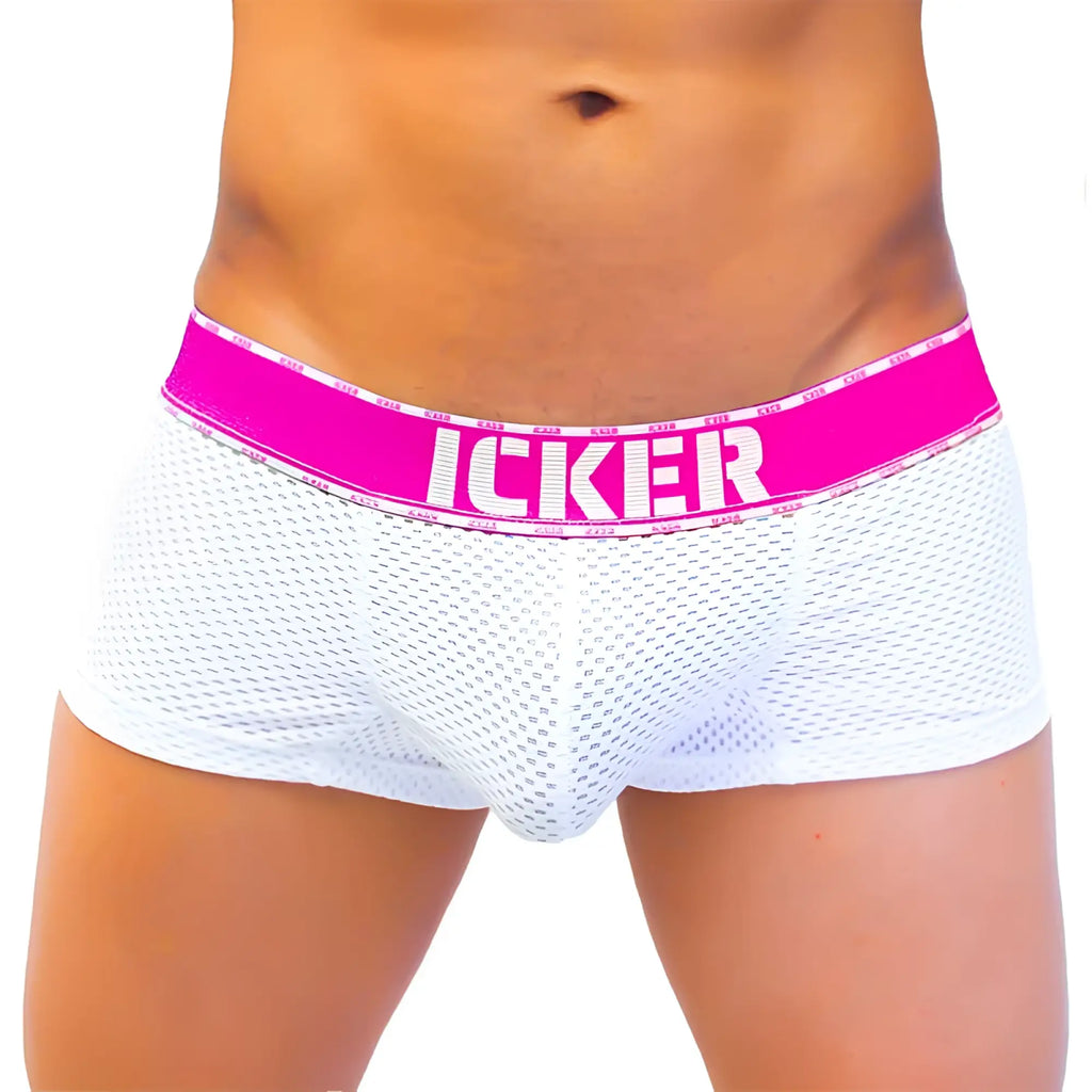 Icker sea mesh contrast boxer brief underwear in white mesh with fuchsia waistband and bold icker logo