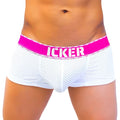 Icker sea mesh contrast boxer brief underwear in white mesh with fuchsia waistband and bold icker logo