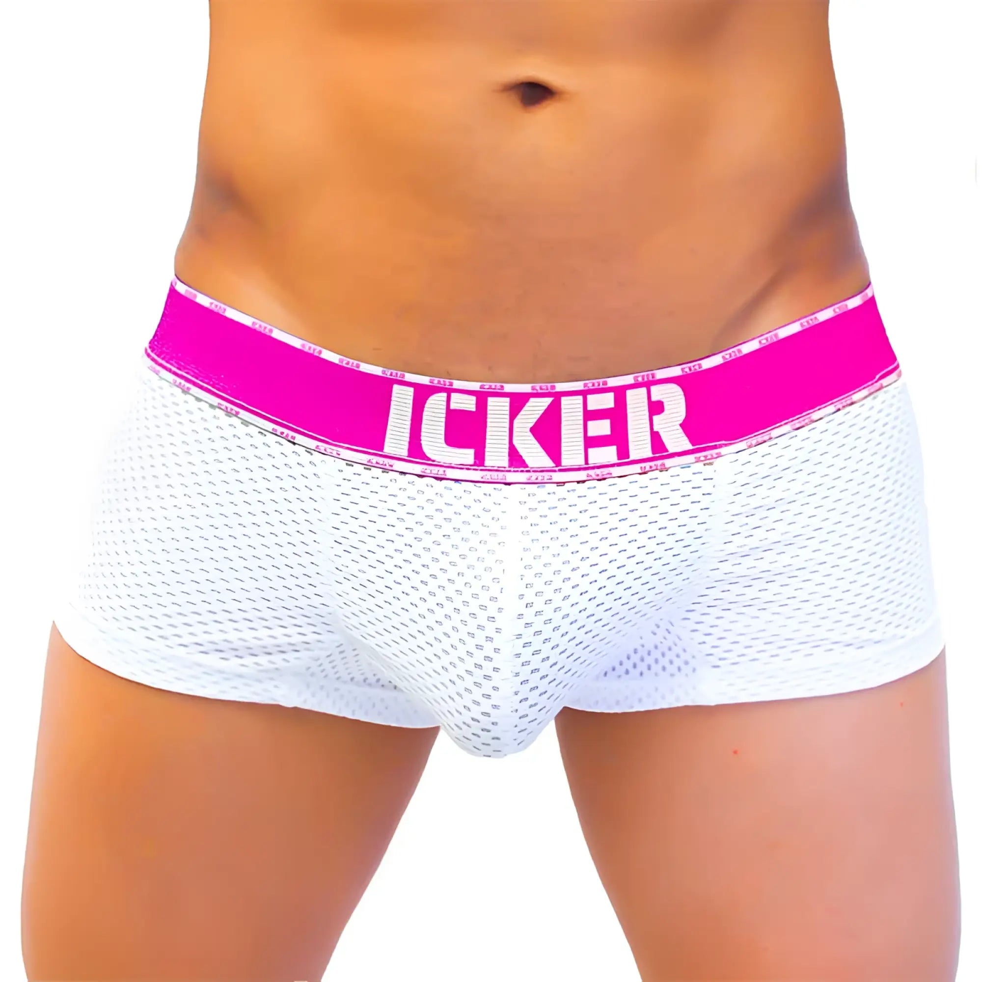 Icker sea mesh contrast boxer brief underwear in white mesh with fuchsia waistband and bold icker logo