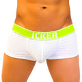 White mesh boxer briefs with lime green waistband and icker logo from icker sea mesh contrast underwear collection