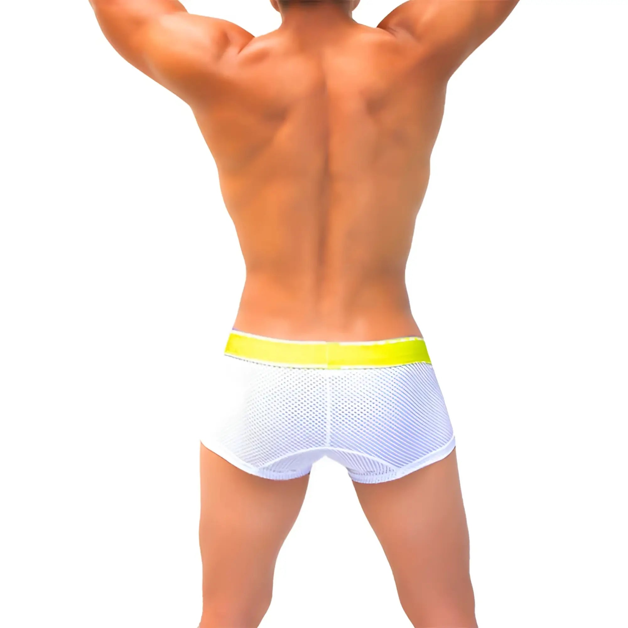 Icker Sea mesh contrast boxer brief underwear with white mesh fabric and bright yellow mango waistband
