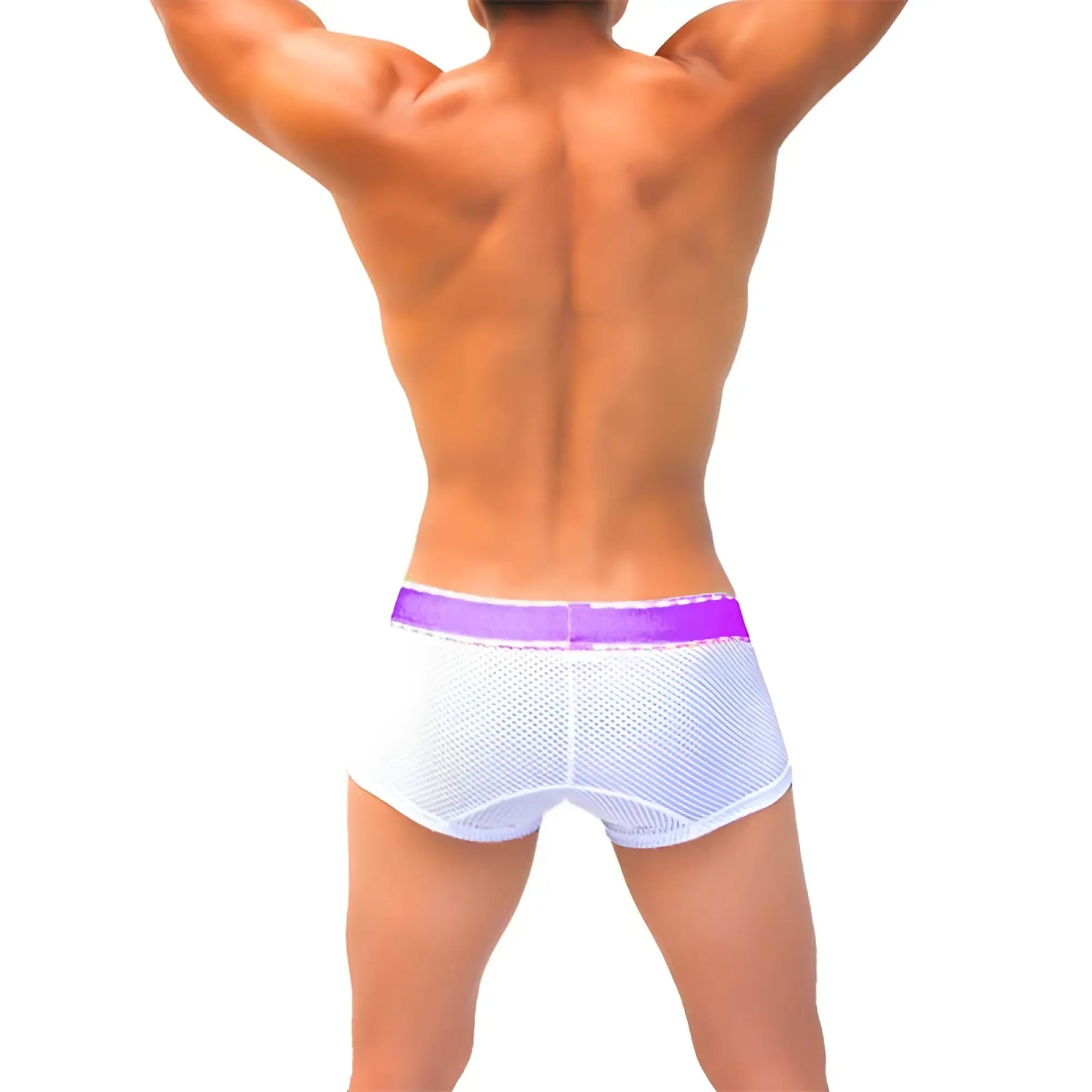 White mesh boxer briefs with a vibrant purple waistband from icker sea featuring breathable contrast mesh design