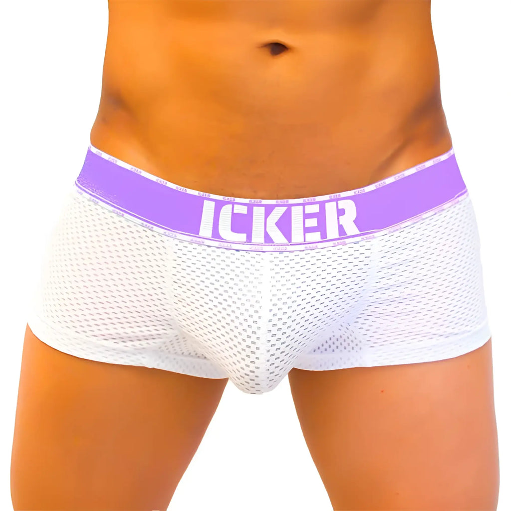Icker sea mesh contrast boxer brief underwear in white mesh with a purple waistband featuring icker brand name