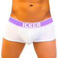 Icker sea mesh contrast boxer brief underwear in white mesh with a purple waistband featuring icker brand name