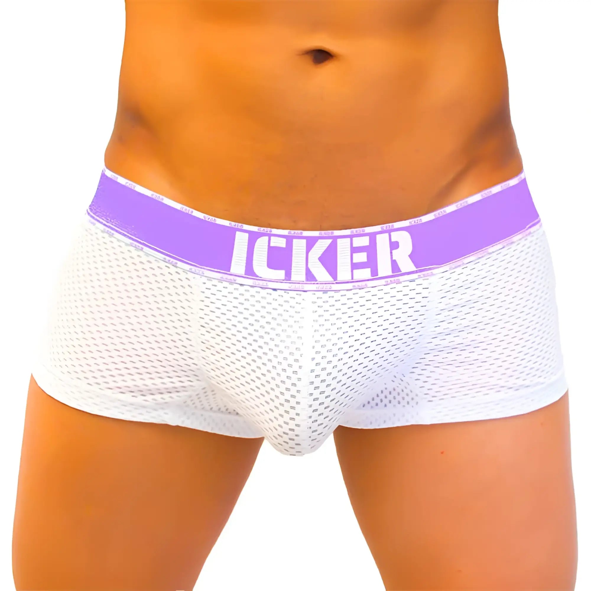 Icker sea mesh contrast boxer brief underwear in white mesh with a purple waistband featuring icker brand name