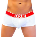 White mesh icker sea mesh contrast boxer brief underwear with bold red waistband and white brand name lettering