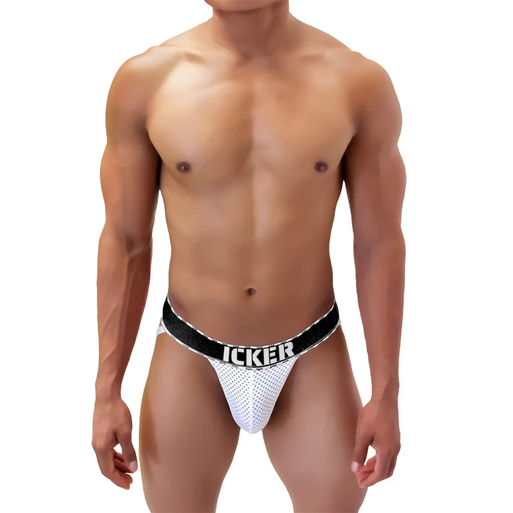 White mesh athletic brief with black elastic waistband featuring icker branding in bold white letters