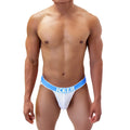 White mesh jockstrap with bright blue waistband featuring icker brand name in bold white letters sea mesh contrast design