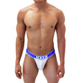 White mesh jock strap underwear with bold blue icker logo waistband from icker sea mesh contrast collection