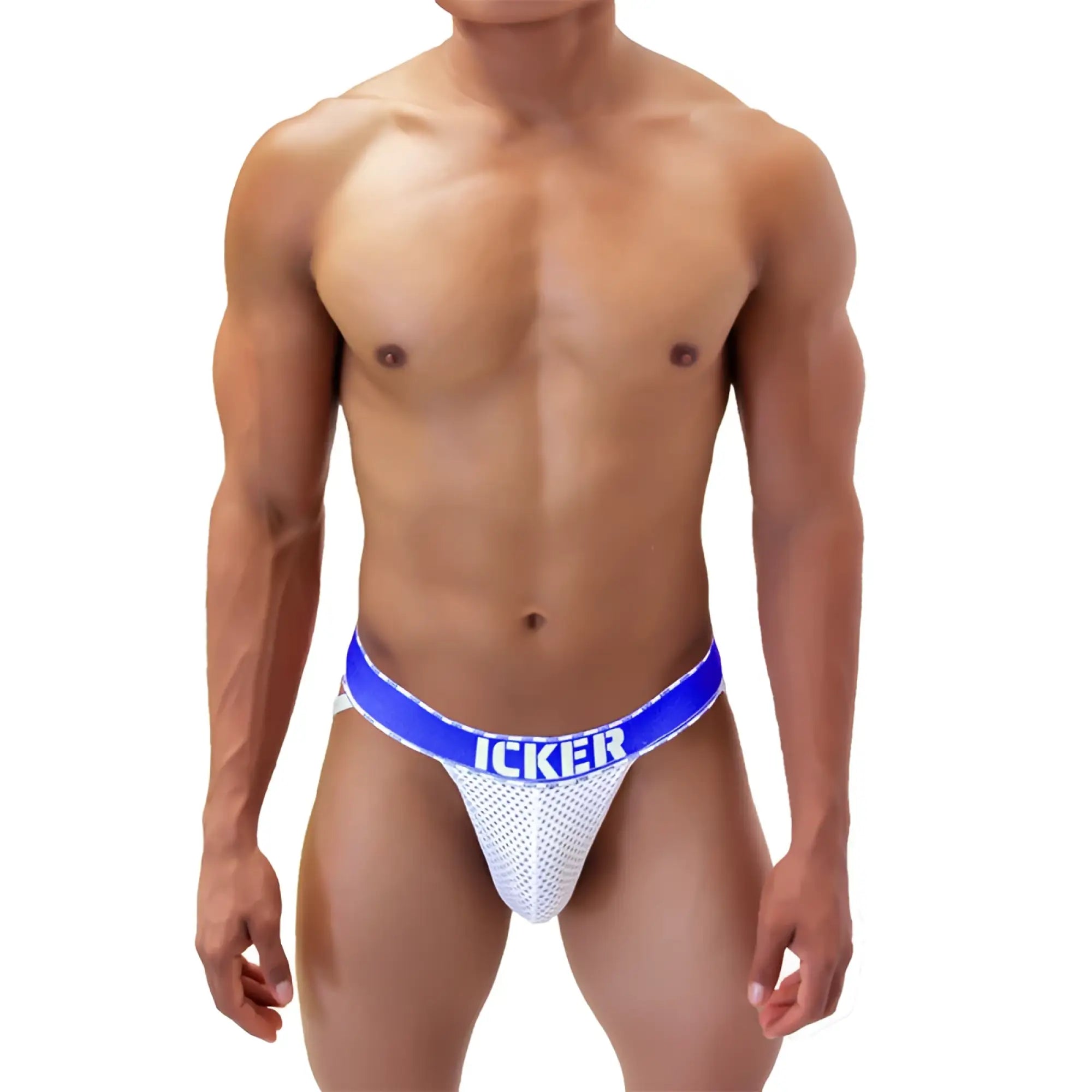 White mesh jock strap underwear with bold blue icker logo waistband from icker sea mesh contrast collection