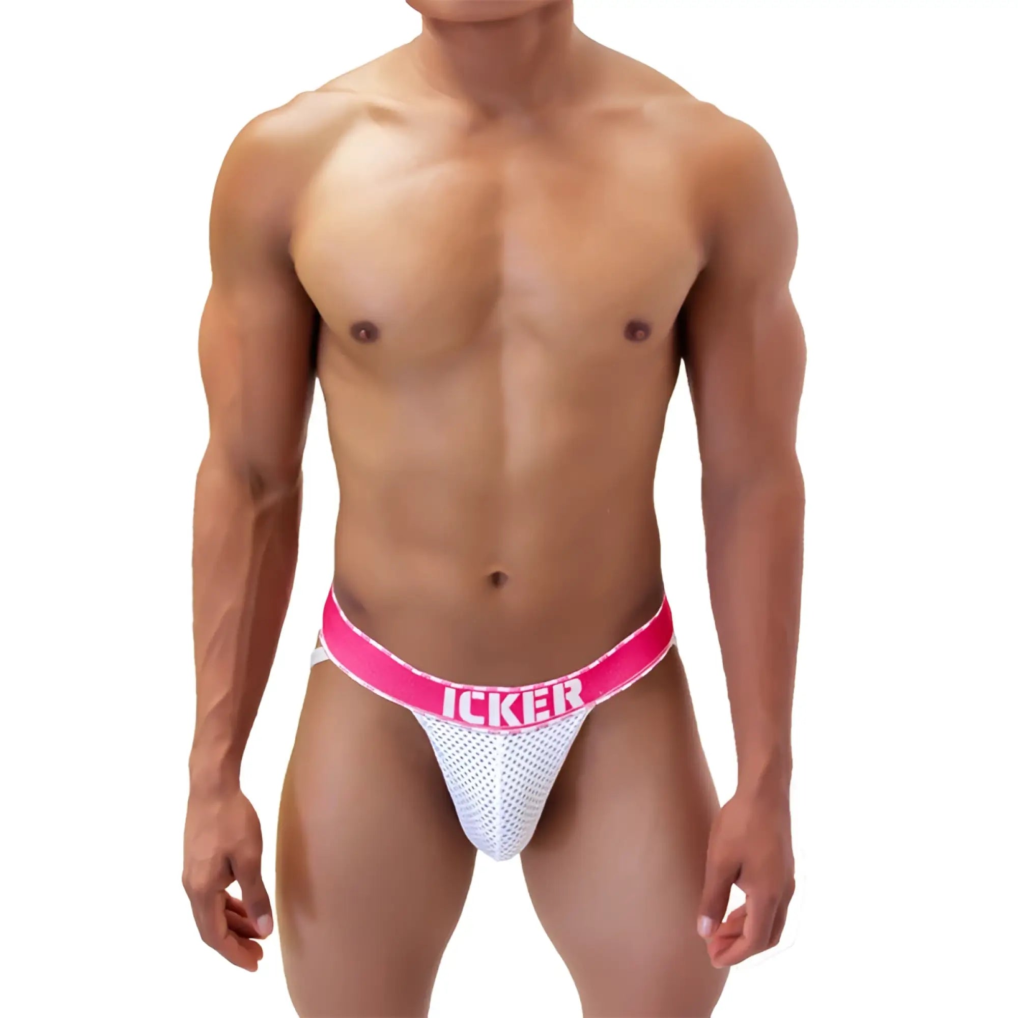 White mesh jockstrap underwear with bright fuchsia waistband branded icker sea mesh contrast COI-21-06