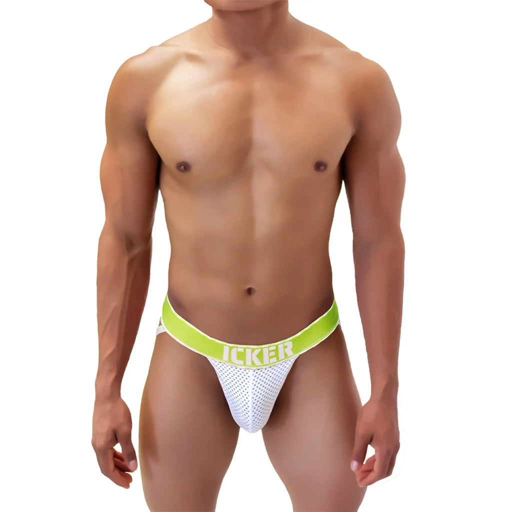 White mesh jockstrap with bright lime green waistband and icker branding in bold white letters for support