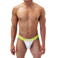 White mesh jockstrap with bright lime green waistband and icker branding in bold white letters for support