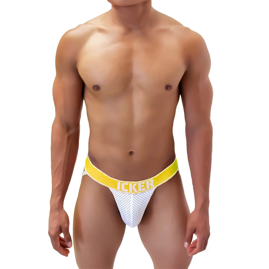 White mesh jockstrap with bright yellow waistband and icker logo in bold white from icker sea mesh contrast collection