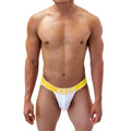 White mesh jockstrap with bright yellow waistband and icker logo in bold white from icker sea mesh contrast collection