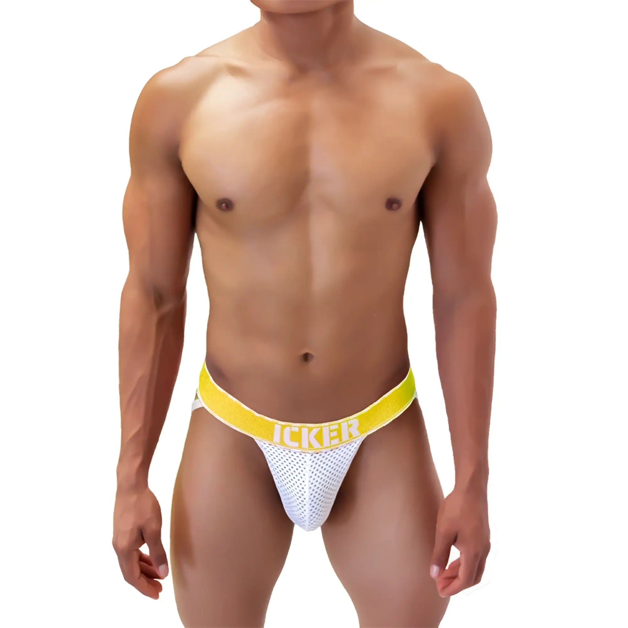 White mesh jockstrap with bright yellow waistband and icker logo in bold white from icker sea mesh contrast collection