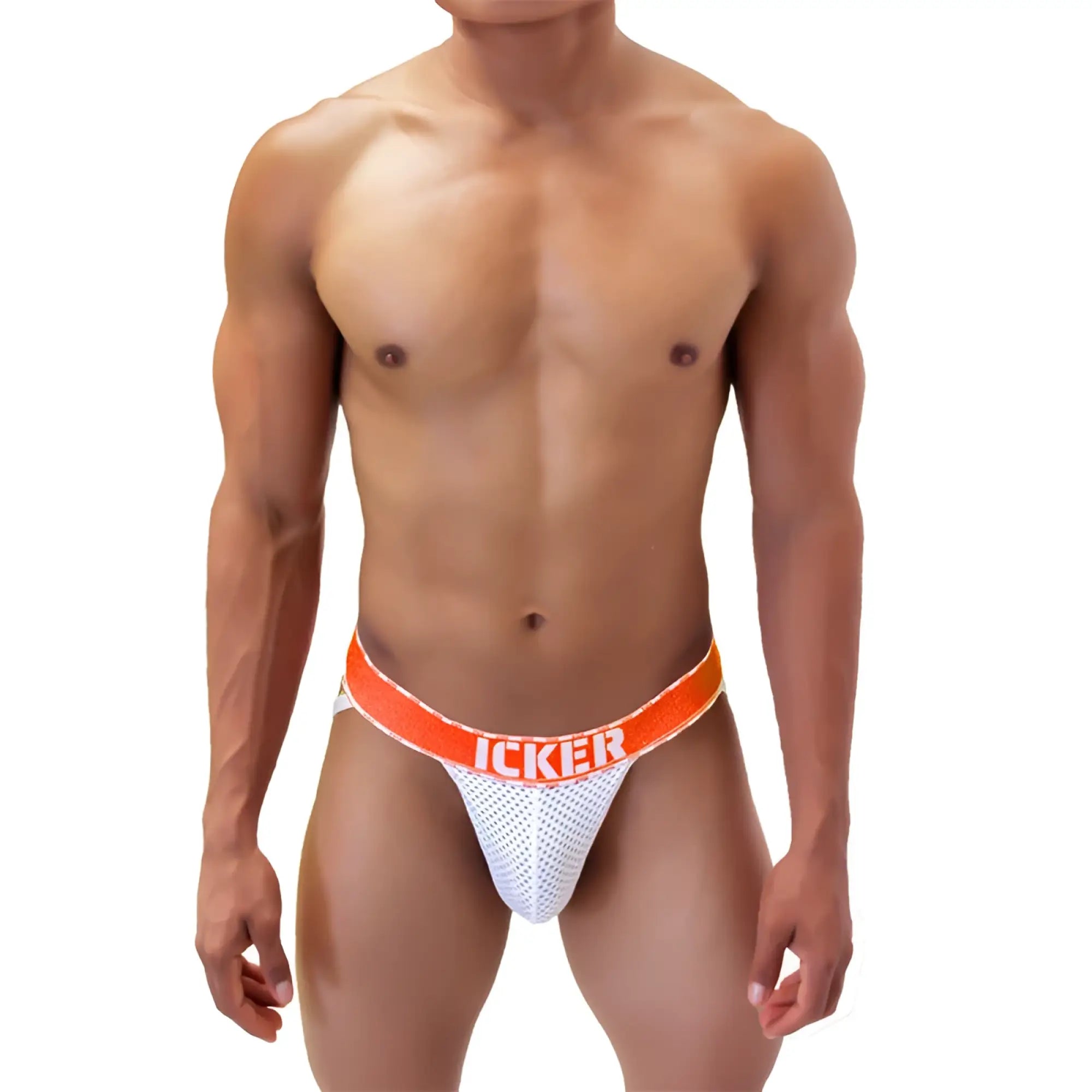 White mesh athletic brief with bold orange waistband featuring icker brand name in white lettering for activewear