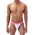 White mesh athletic brief with bright pink waistband and icker brand name in bold white letters for active wear