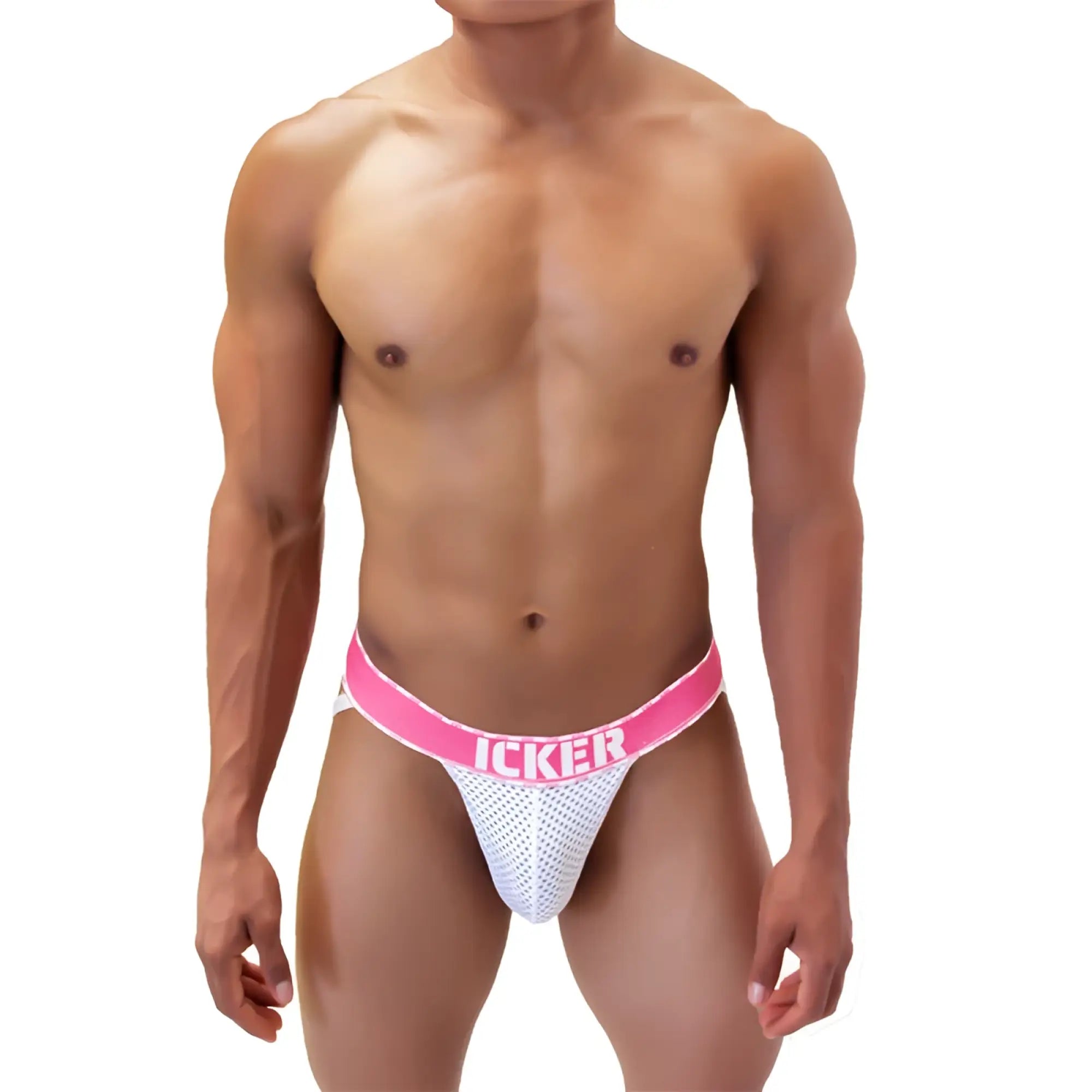 White mesh athletic brief with bright pink waistband and icker brand name in bold white letters for active wear