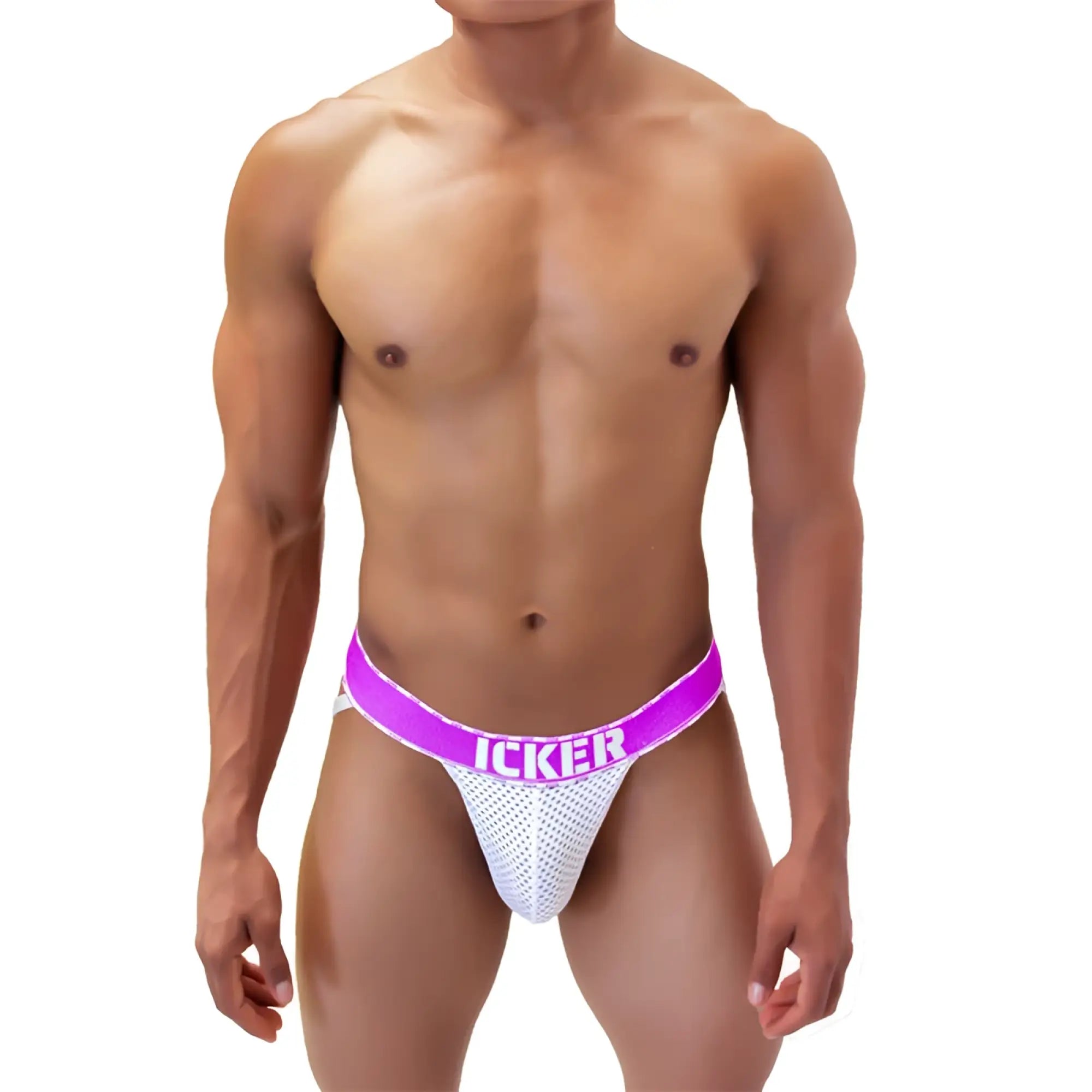 Icker sea mesh contrast jock strap underwear in white mesh with purple waistband and bold icker branding